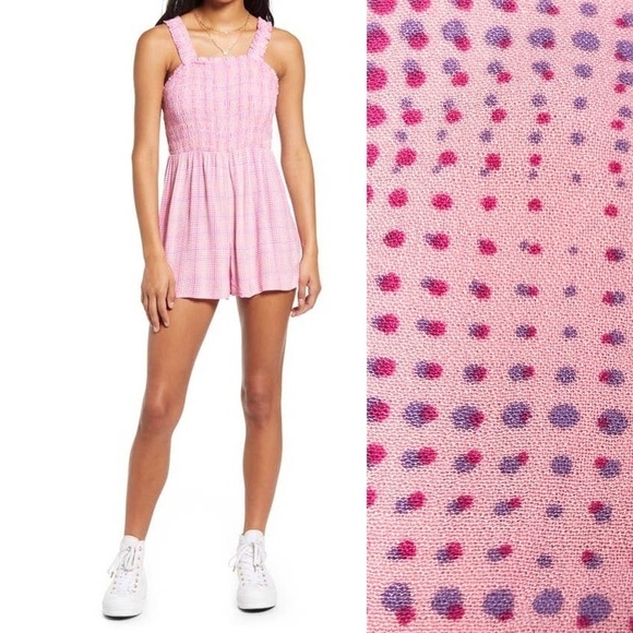 BP Romper Playsuit 100% Rayon Polka-dot Shirred Smocked Ruffles Fluttery NWOT - Picture 2 of 16